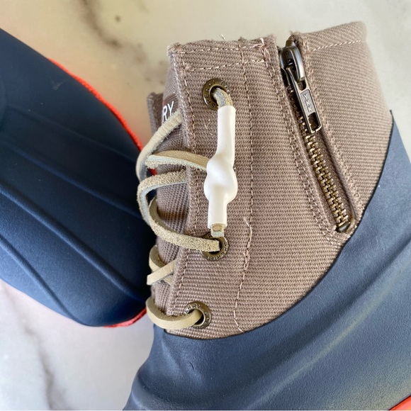 SPERRY Tan Navy Orange Saltwater Waterproof Canvas Duck Boots Microfleece Lining - Picture 5 of 5